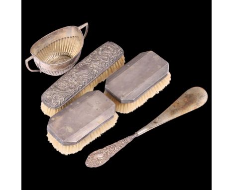Various silver, including 2-handled sugar bowl, clothes brushes, etc, 2.6oz weighable . Condition Report:Lot sold as seen unl