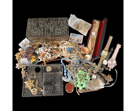 A quantity of costume jewellery, including pearl necklaces, Japanese antimony cigarette box (A/F), Smiths Empire wristwatch, 
