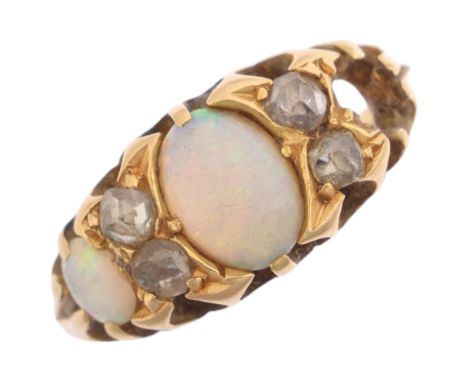 An 18ct gold seven stone opal and diamond half hoop ring, set with oval cabochon opals and rose-cut diamonds, unmarked mount 