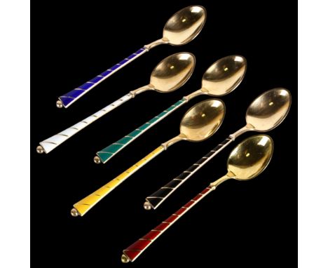 EGON LAURIDSEN - a set of 6 Danish modernist vermeil sterling silver and harlequin enamel coffee spoons, 9.5cm, 1.4oz total .