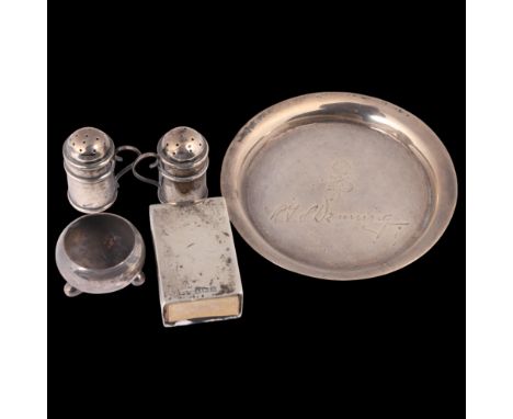 Various silver, including pair of miniature dredger pepperettes, matchbox holder, etc, 2.2oz gross . Condition Report:Lot sol
