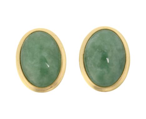 A pair of Chinese 14ct gold jade stud earrings, rub over set with oval cabochon jade, 16.5mm, 3.1g . Condition Report:No dama