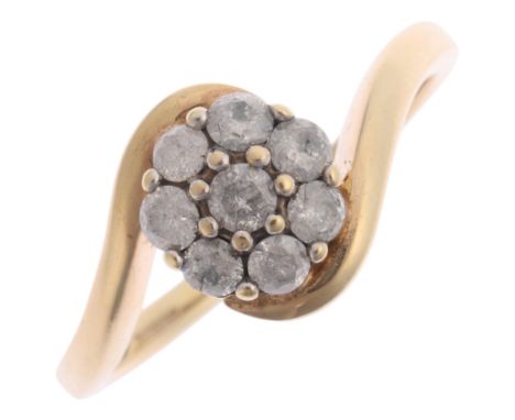 A 9ct gold diamond flowerhead cluster crossover ring, maker JWBR, London 2013, set with modern round brilliant-cut diamonds, 
