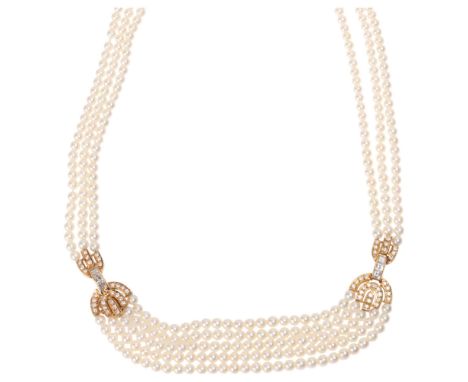 BOUCHERON - an 18ct gold multi-strand pearl and diamond necklace, the graduated pearls ranging from 3.5mm - 3mm, with 2 Art D