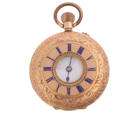 A Swiss 14ct gold half hunter keyless fob watch, white enamel dial with Roman numeral hour markers, blued steel double spade 