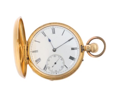 A late 19th century 18ct gold full hunter keyless pocket watch, by George Oram & Son of London, white enamel dial with Roman 