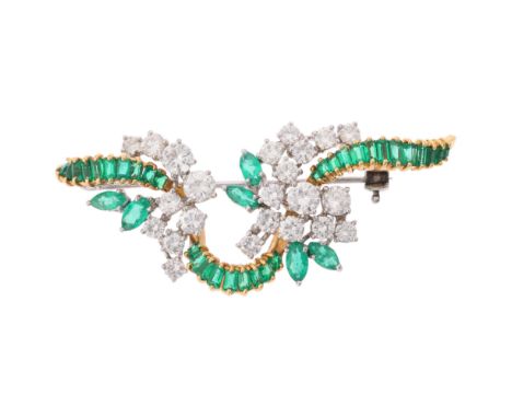 An 18ct gold emerald and diamond ribbon brooch, set with a row of rectangular step-cut emeralds, surmounted by modern round b