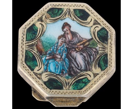 An Antique Continental silver-gilt enamel pillbox, octagonal form with hand painted cover scene and chased foliate decoration
