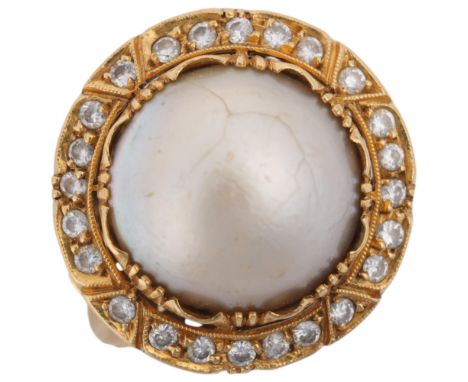 A Portuguese 800 gold Mabe pearl and diamond cluster ring, pearl measures approx 12.75 x 9.00mm, total diamond content approx