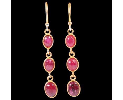 A pair of sterling silver-gilt ruby drop earrings, set with round cabochon rubies, with shepherd hook fittings, 51.2mm, 2.8g 