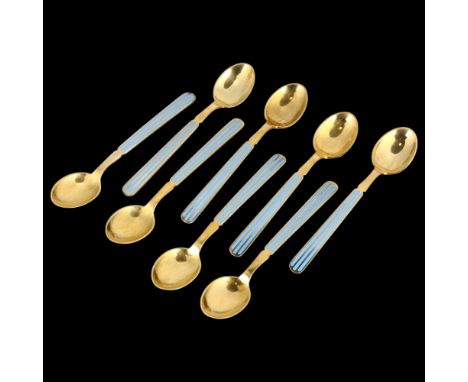 ANTON MICHELSEN - a set of 8 Danish vermeil sterling silver duck egg blue enamel coffee spoons, 10.5cm, 2.6oz total . Conditi