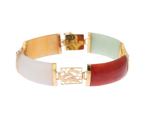 A Chinese 14ct gold jade 'Dragon' panel bracelet, maker WW, import hallmarks Birmingham 1998, set with polished curved hardst