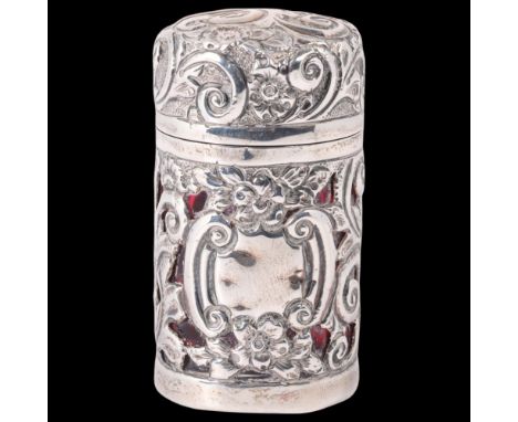A late Victorian silver scent bottle, Arthur Pennington, Birmingham 1899, cylindrical form, with relief embossed and pierced 