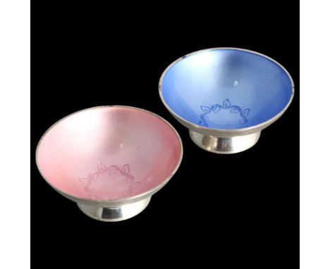VOLMER BAHNER - 2 Danish modernist sterling silver harlequin enamel salt cellar cruets, floral decoration, 5cm, 1.2oz total .