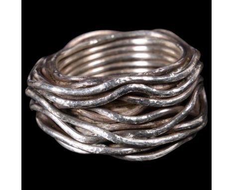 A heavy Danish naturalist sterling silver 'Bird's Nest' band ring, unmarked mount tests as silver, band width 13.4mm, size O/