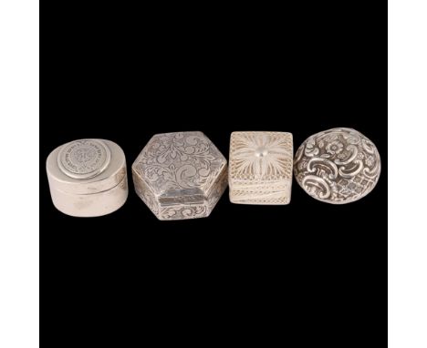4 silver pillboxes, including Victorian foliate example, 3.5cm (4) . Condition Report:Lot sold as seen unless specific item(s