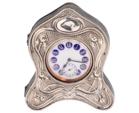 An Antique nickel-cased Goliath open-face keyless pocket watch, white enamel dial with blue guilloche enamel Roman numeral ho