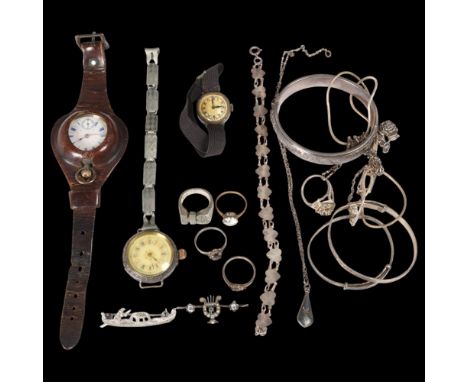 Various jewellery, including 1970s silver initial ring, hinged bangle, paste ring, fob watches, etc . Condition Report:Lot so