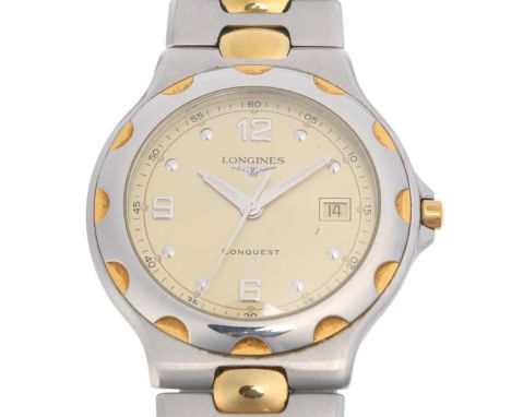 LONGINES - a gold plated stainless steel Conquest quartz calendar bracelet watch, ref. L1.633.3, champagne dial with quarterl