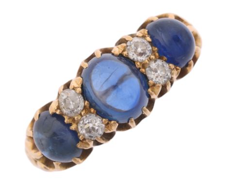 An Antique 18ct gold seven stone sapphire and diamond half hoop ring, by Deakin & Francis, set with oval cabochon sapphires a