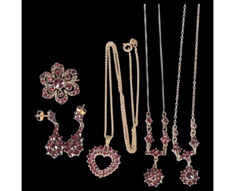 Various silver Bohemian garnet jewellery, including flowerhead brooch, pair of stud earrings, necklace, etc, 22.4g gross . Co