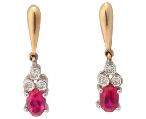 A pair of 9ct gold ruby and diamond drop stud earrings, set with oval mixed-cut rubies and single-cut diamonds, 23.9mm, 2.5g 