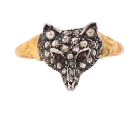 An 18ct gold and silver diamond fox mask ring, realistically modelled with round cabochon ruby eyes, surrounded by Dutch rose