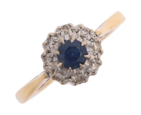 An 18ct gold sapphire and diamond cluster ring, London 1964, claw set with round-cut sapphire and single-cut diamonds, settin