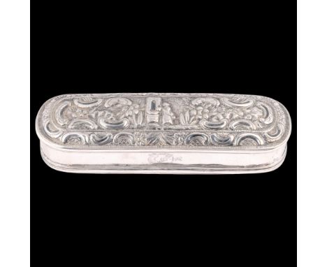 An 18th century Dutch silver tobacco box, possibly Batavian or Dutch Colonial, long oval form, with hinged cover having relie