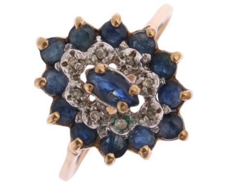 A 9ct gold sapphire and diamond marquise cluster ring, import London 1990, setting height 15.2mm, size N, 2.2g . Condition Re