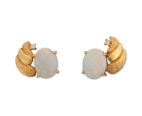 A pair of 18ct gold opal and diamond stud earrings, claw set with oval cabochon opals and modern round brilliant-cut diamonds
