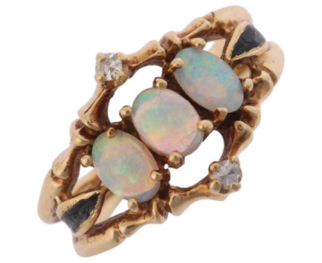 A 14ct gold opal and diamond openwork ring, maker JTG, claw set with oval cabochon opals, within faux bamboo openwork surroun