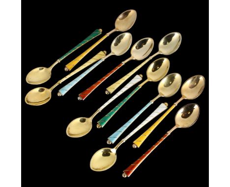 EGON LAURIDSEN - a set of 12 Danish modernist vermeil sterling silver and harlequin enamel coffee spoons, 9.5cm, 2.9oz total 