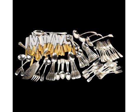 A quantity of Antique silver plated Fiddle and Thread pattern flatware, Mappin & Webb ivorine-handled knives, etc . Condition