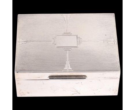 An Art Deco George VI silver cigarette box, William Comyns & Sons Ltd, London 1938, rectangular form, with engine turned geom