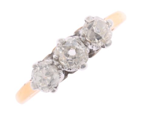 An Antique 18ct gold three stone diamond ring, claw set with old-cut diamonds, total diamond content approx 0.75ct, setting h