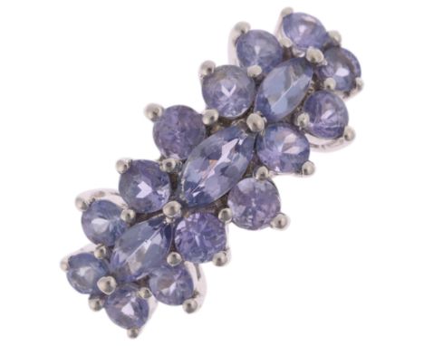 A 9ct white gold tanzanite cluster ring, set with marquise and round-cut tanzanites, setting height 8.4mm, size K, 2.2g . Con