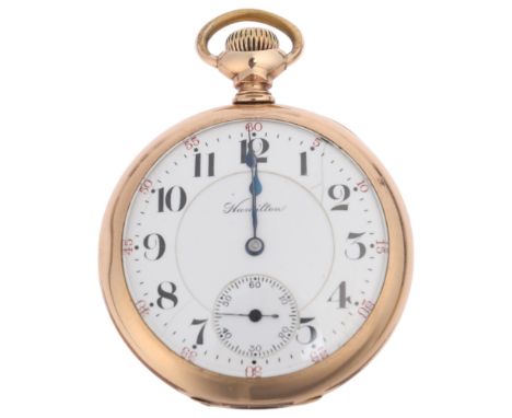 HAMILTON - a gold plated open-face keyless pocket watch, white enamel dial with Arabic numerals, blued steel spade hands and 