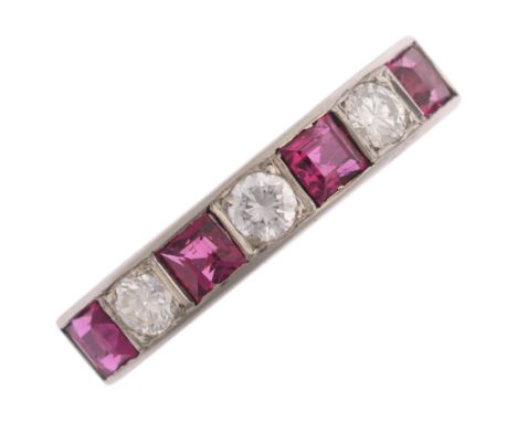 CROPP & FARR - an Art Deco platinum seven stone ruby and diamond half eternity ring, set with square-cut rubies and modern ro