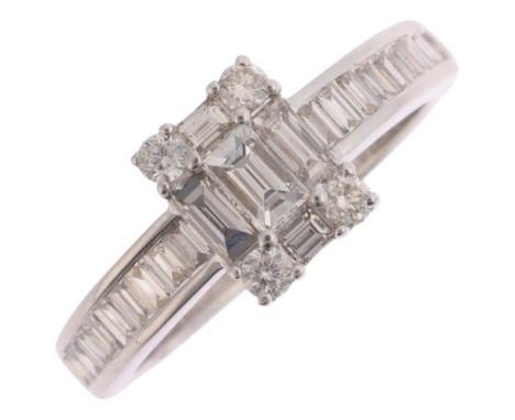 An 18ct white gold diamond cluster panel ring, maker RB, London 2013, set with baguette and modern round brilliant-cut diamon