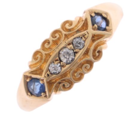 An Antique 18ct gold five stone sapphire and diamond half hoop ring, indistinct maker, Chester 1904, setting height 7.1mm, si