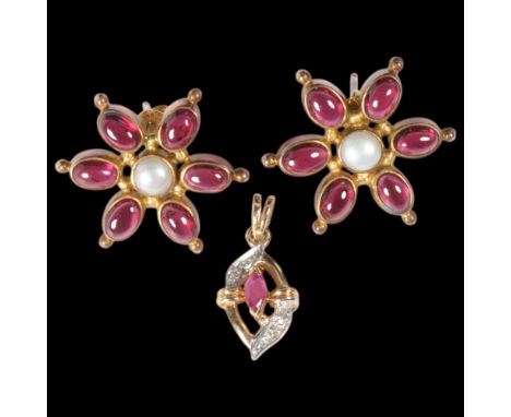A 9ct gold ruby and diamond pendant, 1.4g, and pair of garnet and pearl stud earrings, 23.8mm, 7.3g (2) . Condition Report:No