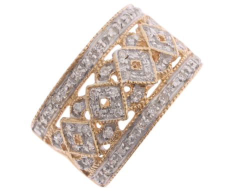 A 9ct gold diamond openwork band ring, maker OP, no Birmingham date letter, pave set with single-cut diamonds, setting height
