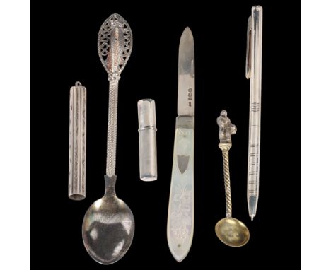 Various silver, including propelling ballpoint pen, mother-of-pearl handled fruit knife, etc . Condition Report: Lot sold as 