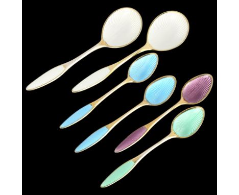 FRIGAST - a set of 4 Danish modernist vermeil sterling silver and harlequin enamel coffee spoons, with enamel bowls, and a si