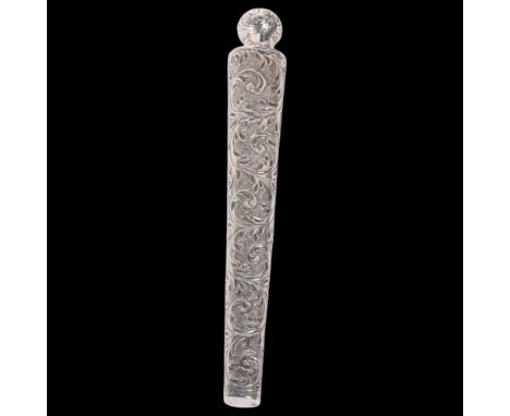 A large Victorian silver scent flask, Stuart Clifford, London 1884, elongated conical form with allover relief embossed folia