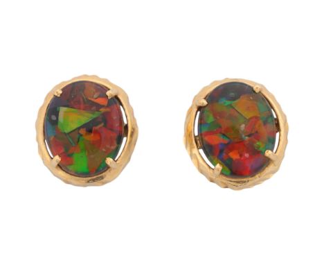 A pair of 18ct gold mosaic opal triplet stud earrings, 11.8mm, 2.4g . Condition Report:No damage or repair, marked 18k