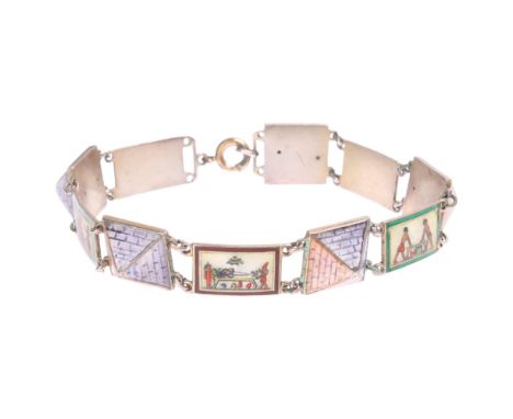 An Art Deco Egyptian silver and enamel 'Pyramid' panel bracelet, band width 10mm, 19cm, 20.4g . Condition Report:Clasp is lac