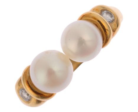 GARRARD - an 18ct gold pearl and diamond torque ring, maker G&Co, import London 1993, set with 5.9mm pearl terminals and mode