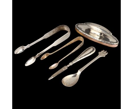 Various silver, including pair of sugar tongs, Danish spoon, setc . Condition Report:Lot sold as seen unless specific item(s)
